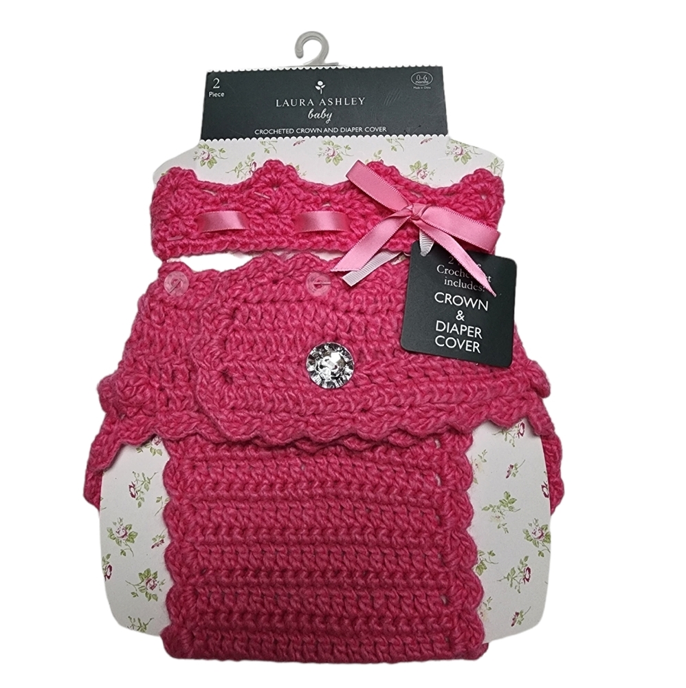 2 Piece Crochet Set Pink Crown and Diaper Cover by Laura Ashley 0- 6 mon…